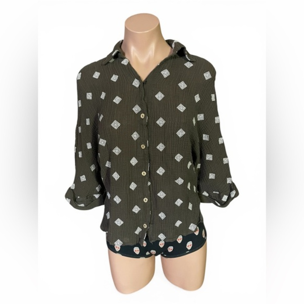 Zara Ramie Blouse Khaki Green Diamond Print Small S 100% Natural Fiber Boho Top